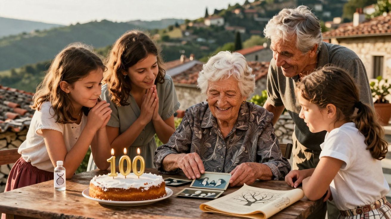 Idosa celebrando 100 anos com familiares, olhando fotos antigas em mesa com bolo de aniversário.