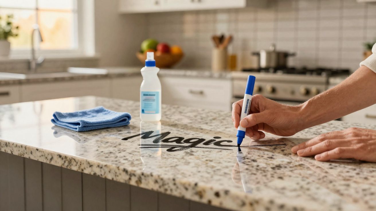 Pessoa escrevendo a palavra "Magic" em uma bancada de cozinha de granito com marcador azul, com pano e spray ao fundo.