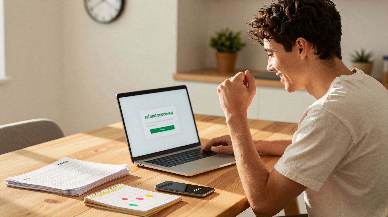Jovem comemora aprovação de reembolso no laptop sentado à mesa com documentos e celular.