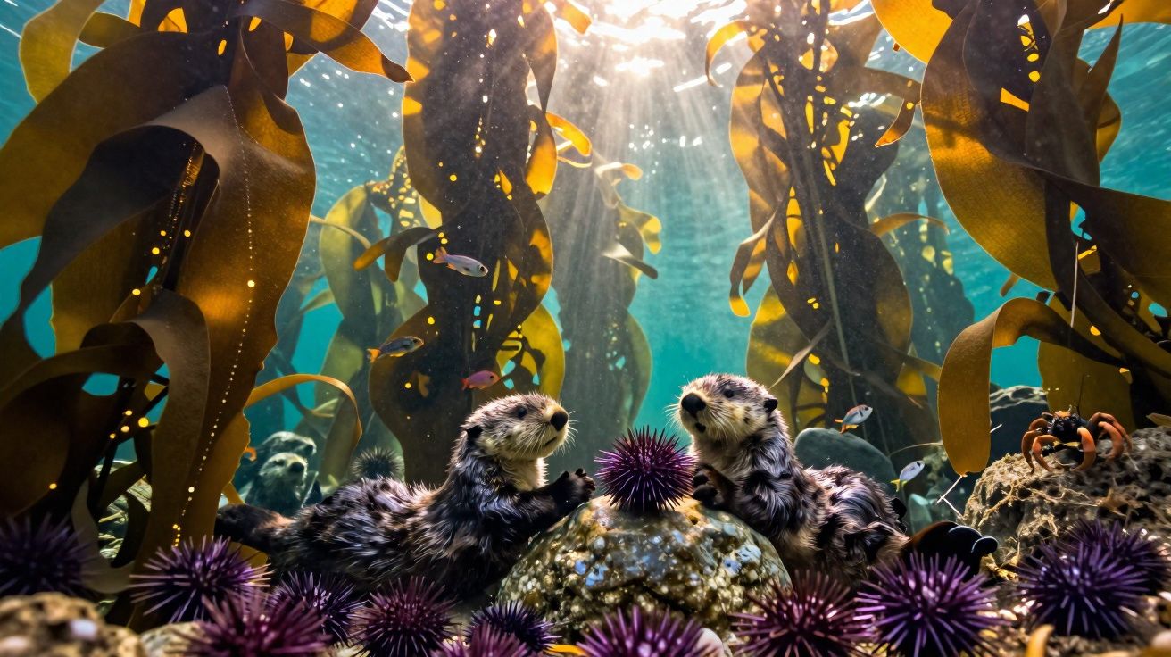 Lontras marinhas entre algas marinhas e ouriços em ambiente subaquático iluminado pelo sol.