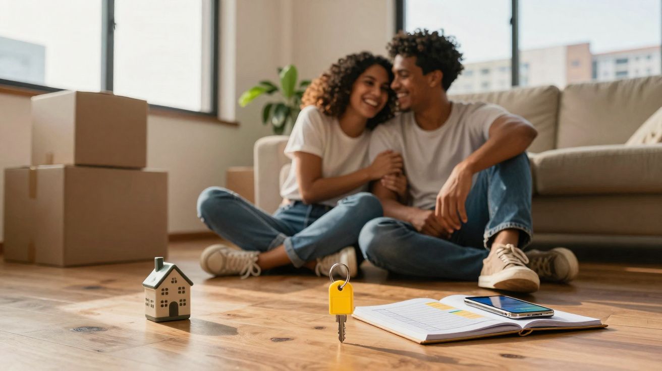 Casal feliz sentado no chão com malotes, chave e documentos, sugerindo compra de imóvel.
