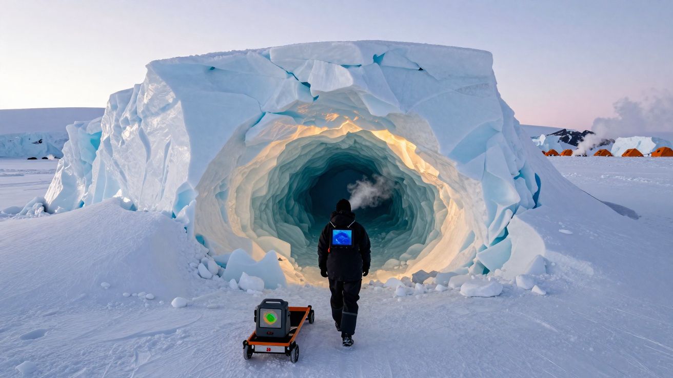 Pessoa vestindo roupas de frio caminha em direção a túnel de gelo iluminado em paisagem nevada.