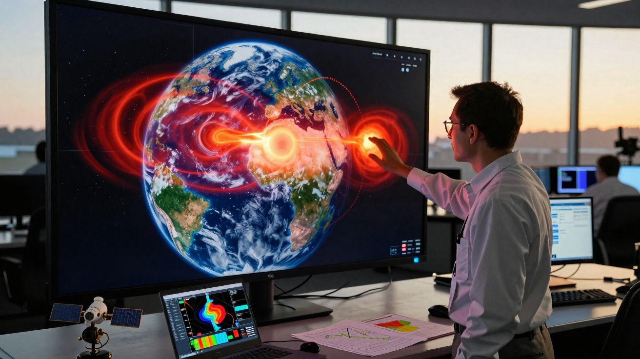 Homem interage com visualização digital do planeta Terra e fenômenos magnéticos em tela grande.
