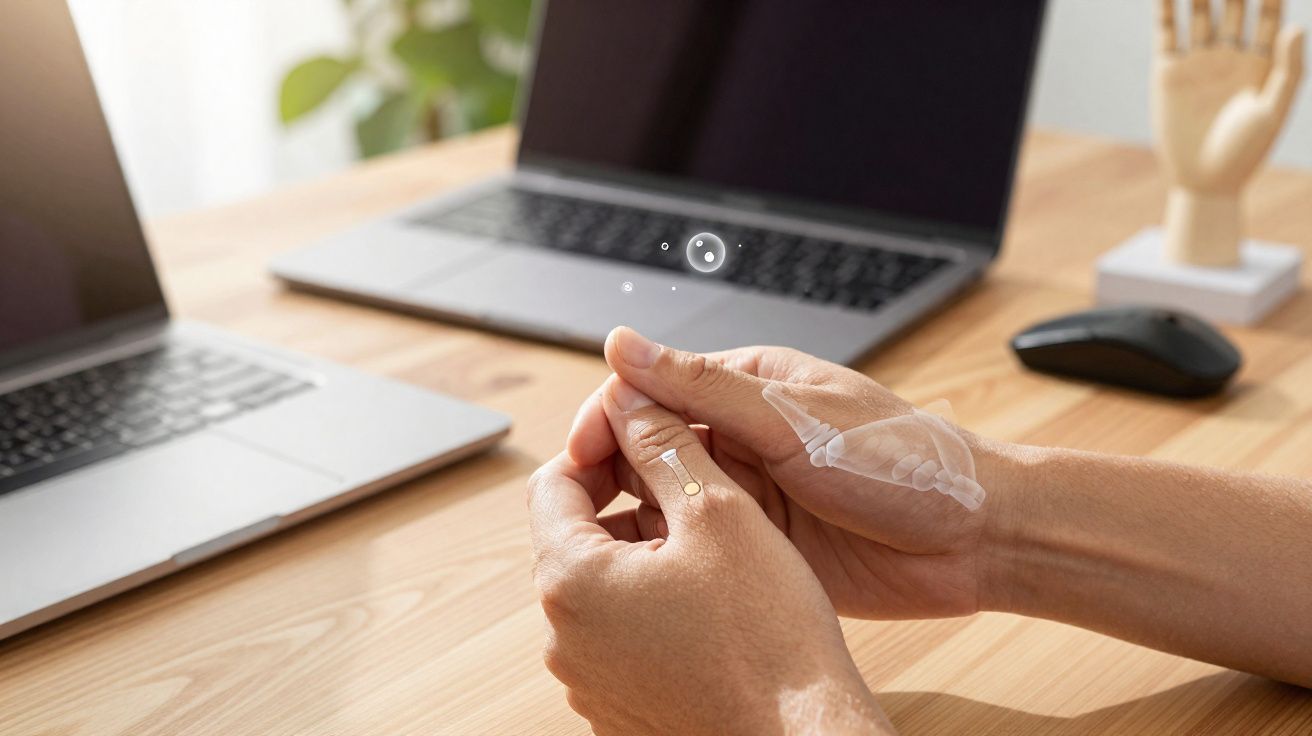 Mãos humanas segurando uma mão digital holográfica sobre mesa com dois notebooks e mouse no fundo.