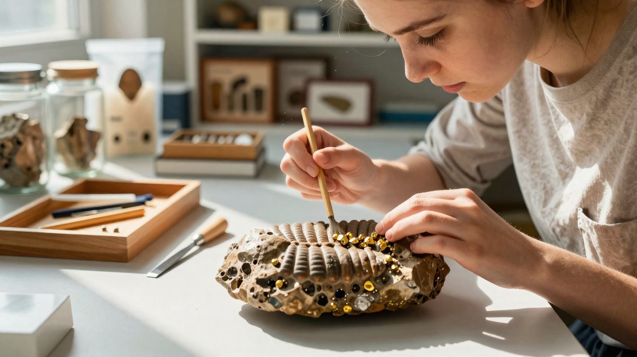 Mulher trabalhando detalhadamente em projeto artístico com ferramentas e ornamentos em mesa iluminada.