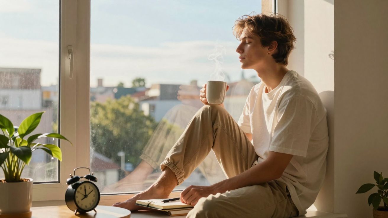 Jovem sentado na beirada da janela tomando café e apreciando a vista da cidade ao amanhecer.