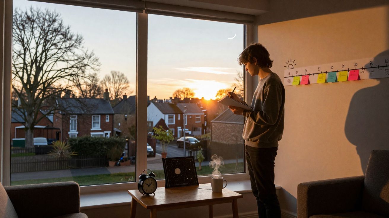 Pessoa escrevendo em caderno perto de janela com mesa, relógio, quadro e xícara quente ao pôr do sol.