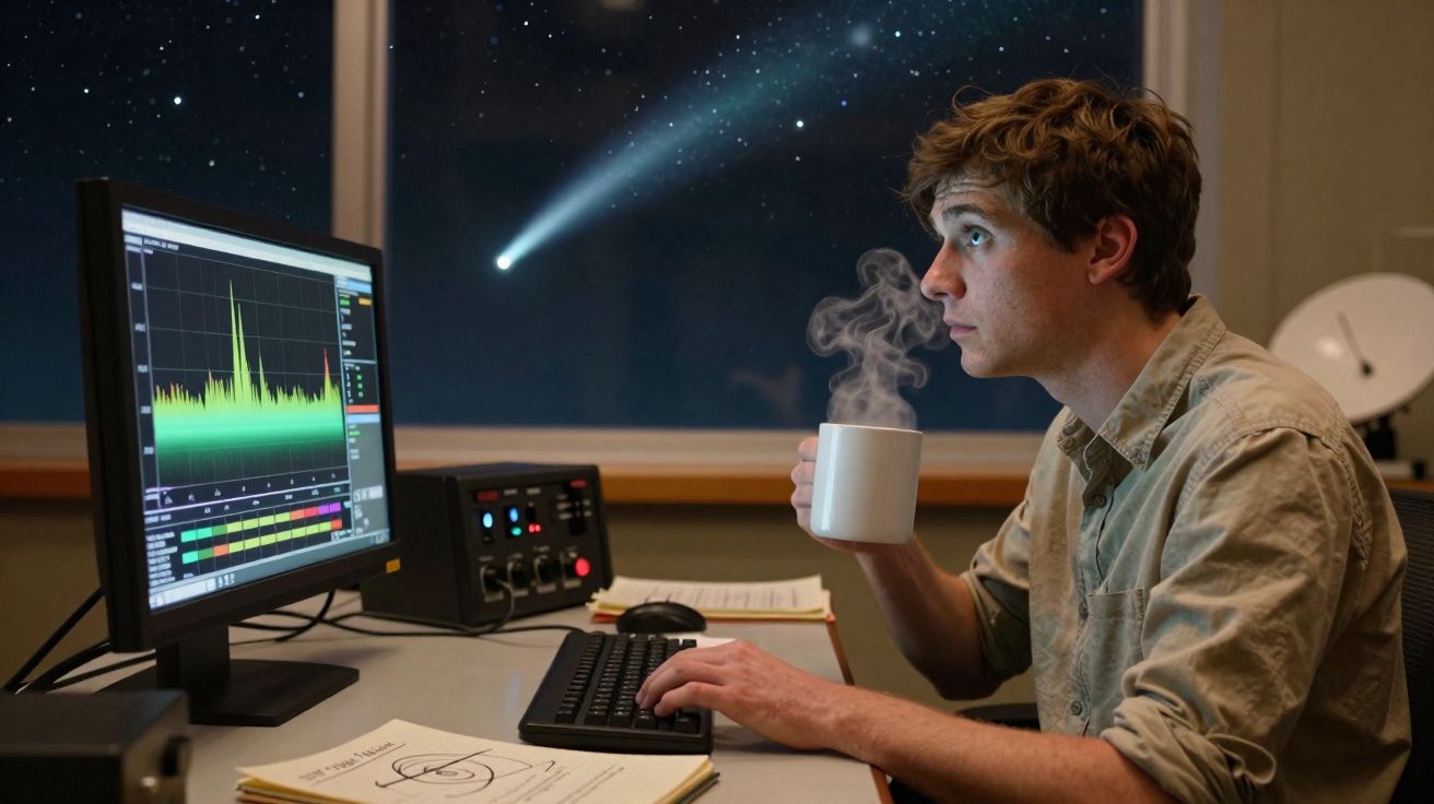 Homem observa cometa pela janela enquanto segura xícara de bebida quente em sala com equipamentos eletrônicos.