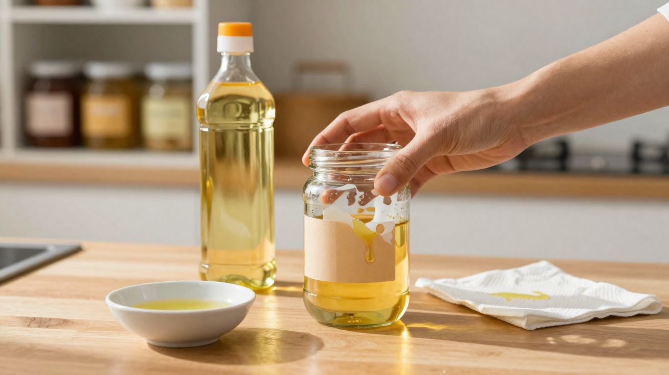 Mão segurando pote com óleo, garrafa de óleo e recipiente com óleo sobre mesa de madeira na cozinha.