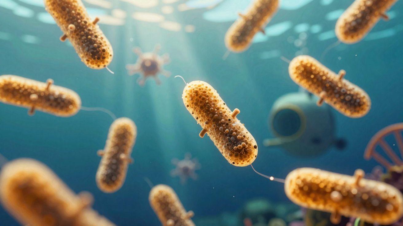 Bactérias em formato alongado com superfície porosa flutuando em ambiente aquoso azul.