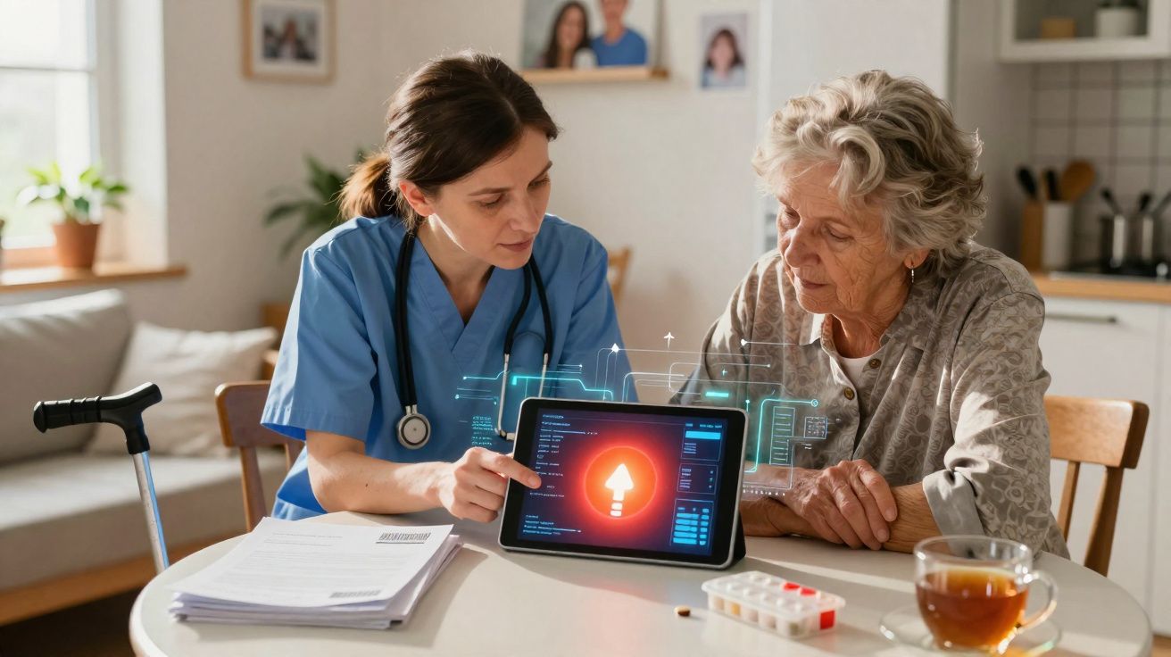 Enfermeira mostrando informações médicas digitais em tablet para idosa durante consulta domiciliar.