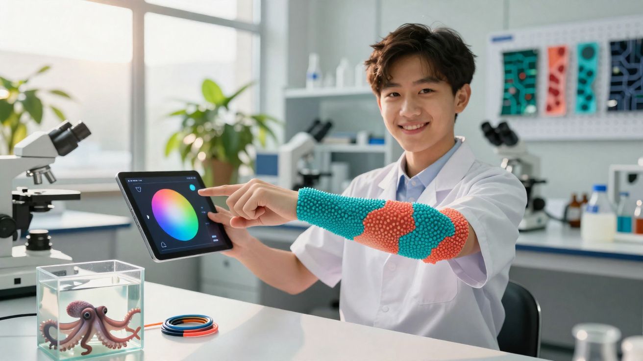 Jovem cientista em laboratório usa tablet para ajustar cores em braço com tecnologia vestível colorida.