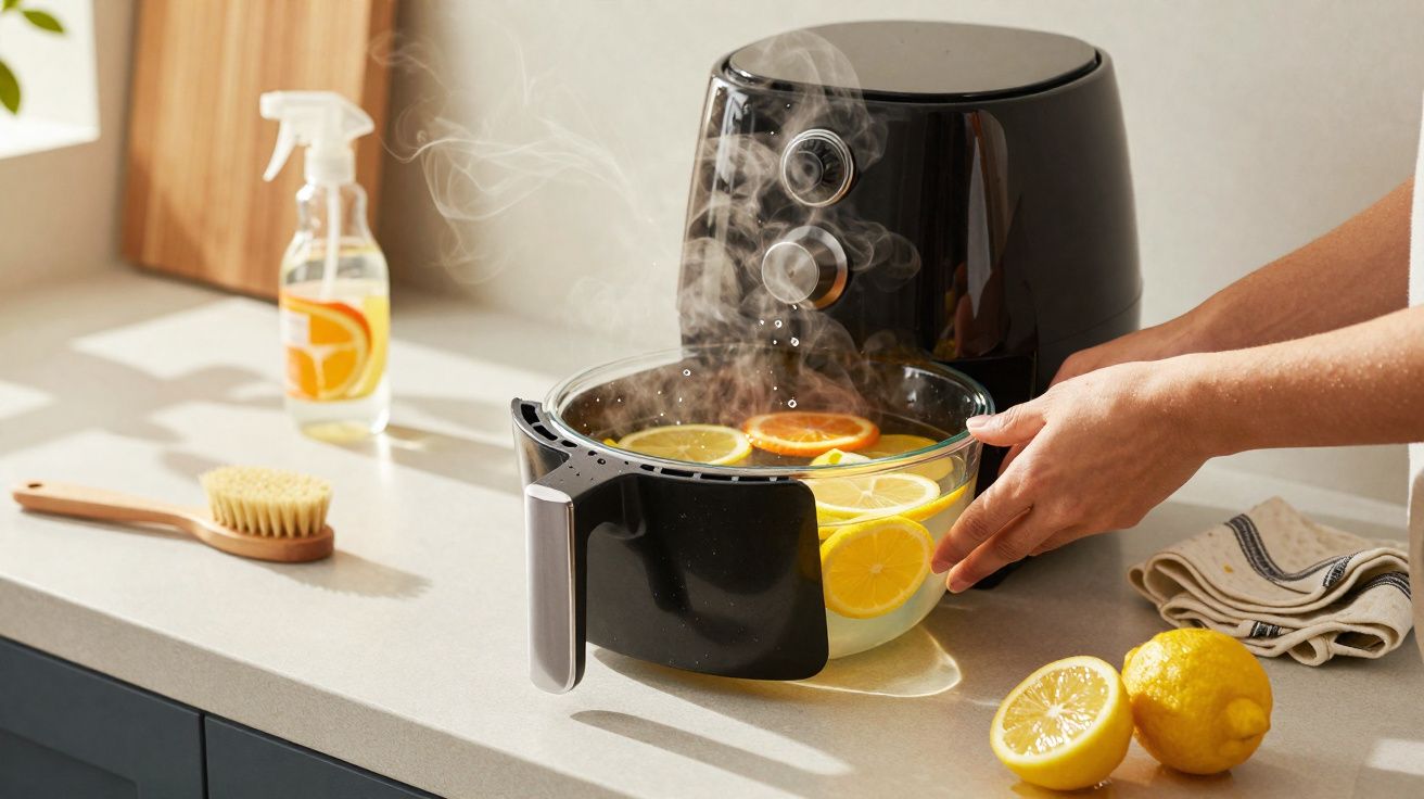 Pessoa colocando tigela com frutas cítricas em fritadeira elétrica preta que solta vapor em bancada de cozinha.