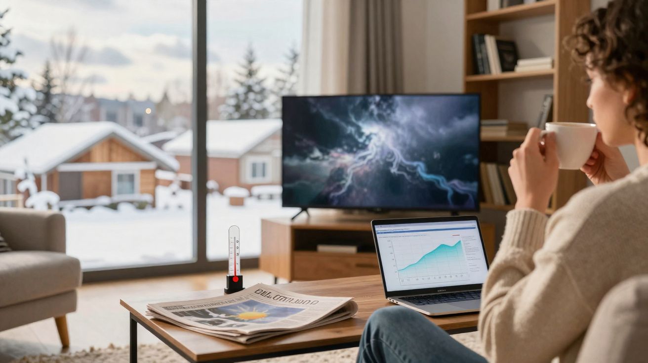 Pessoa olhando para laptop com gráfico, tomando café em sala com janela para paisagem nevada.