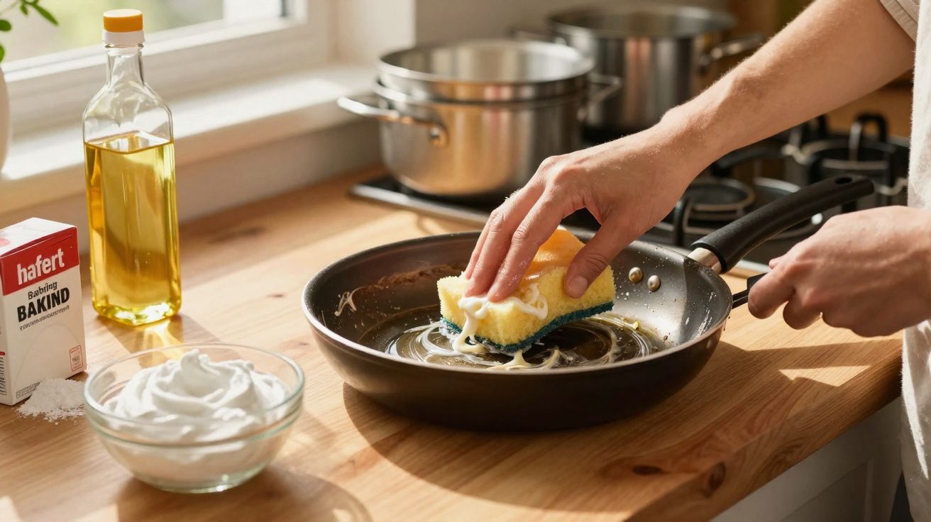 Mãos untando frigideira com esponja de cozinha em bancada com ingredientes ao redor.