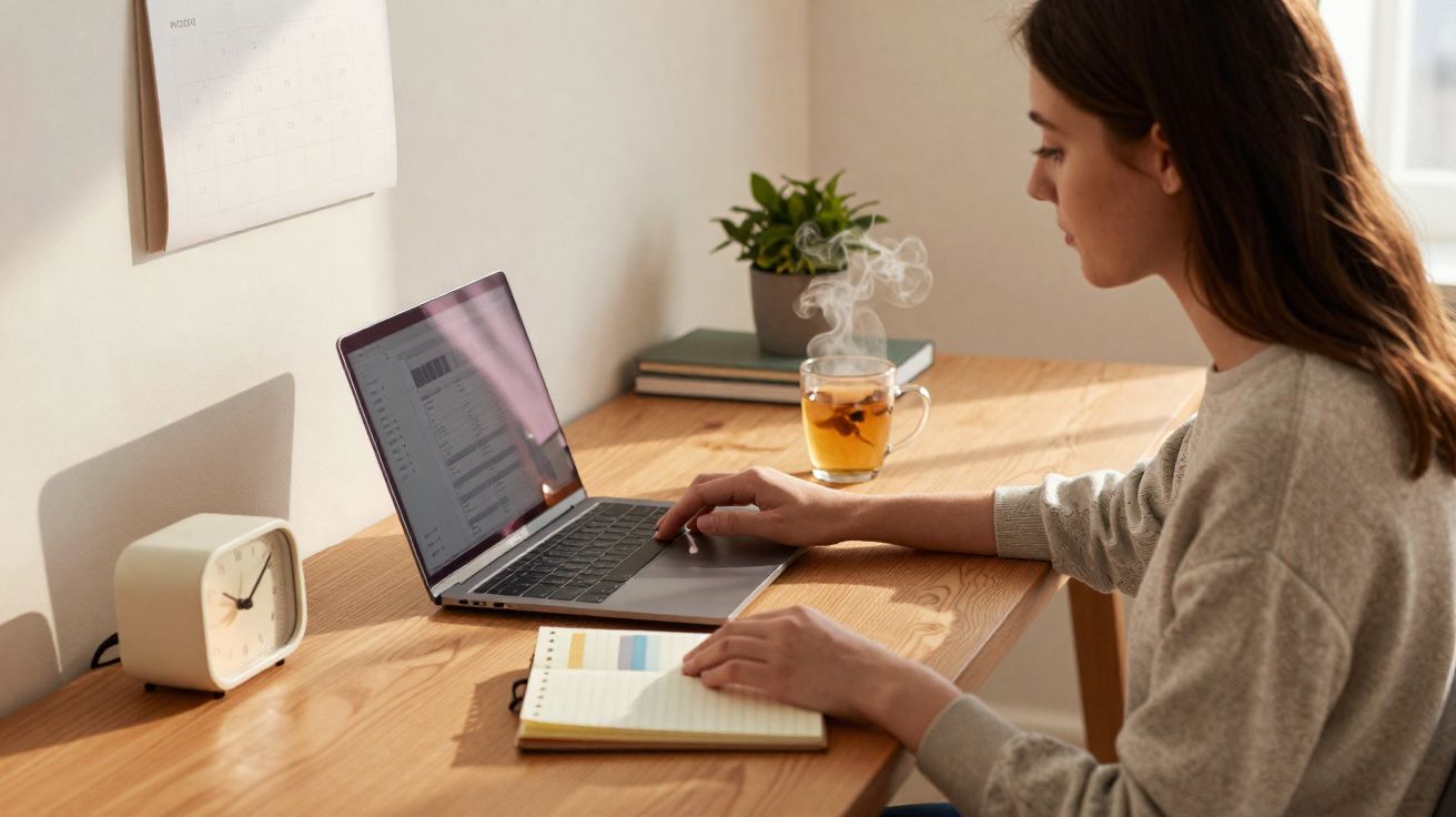 Mulher trabalhando em notebook com café quente, caderno e relógio em mesa de madeira.