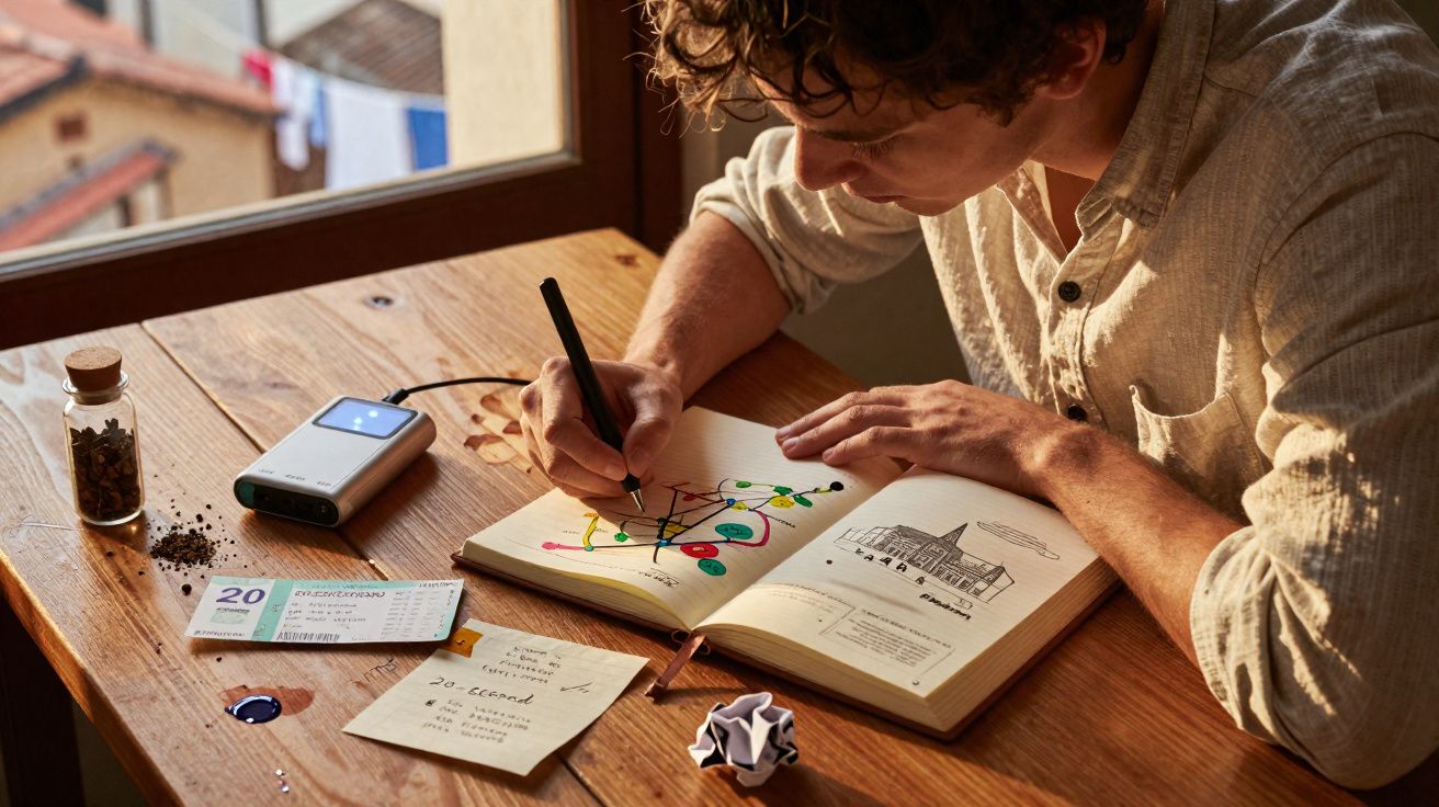 Homem desenhando gráficos coloridos em caderno aberto em mesa de madeira iluminada pela luz natural.