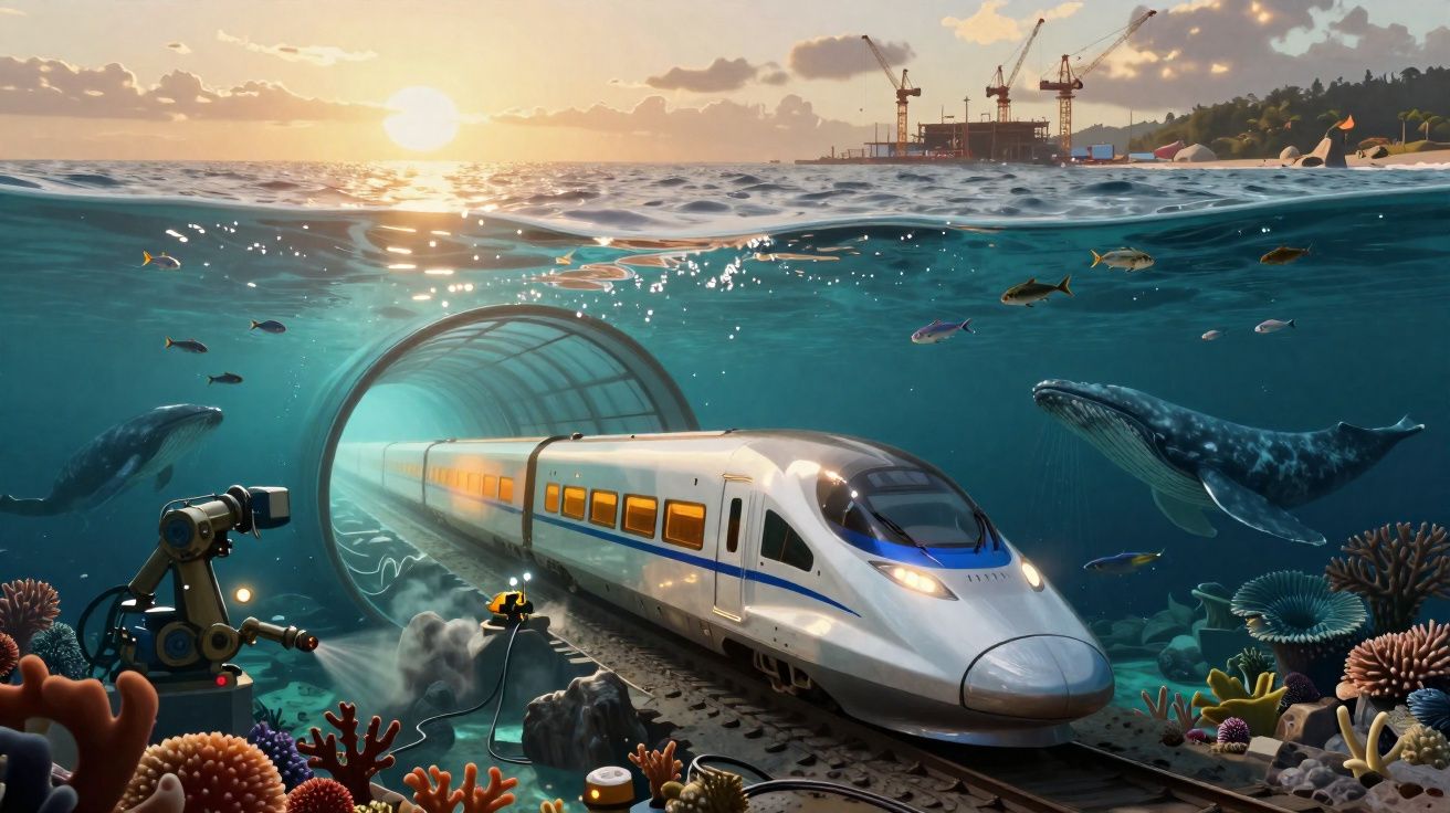 Trem de alta velocidade em túnel subaquático cercado por corais, peixes e duas baleias ao pôr do sol.