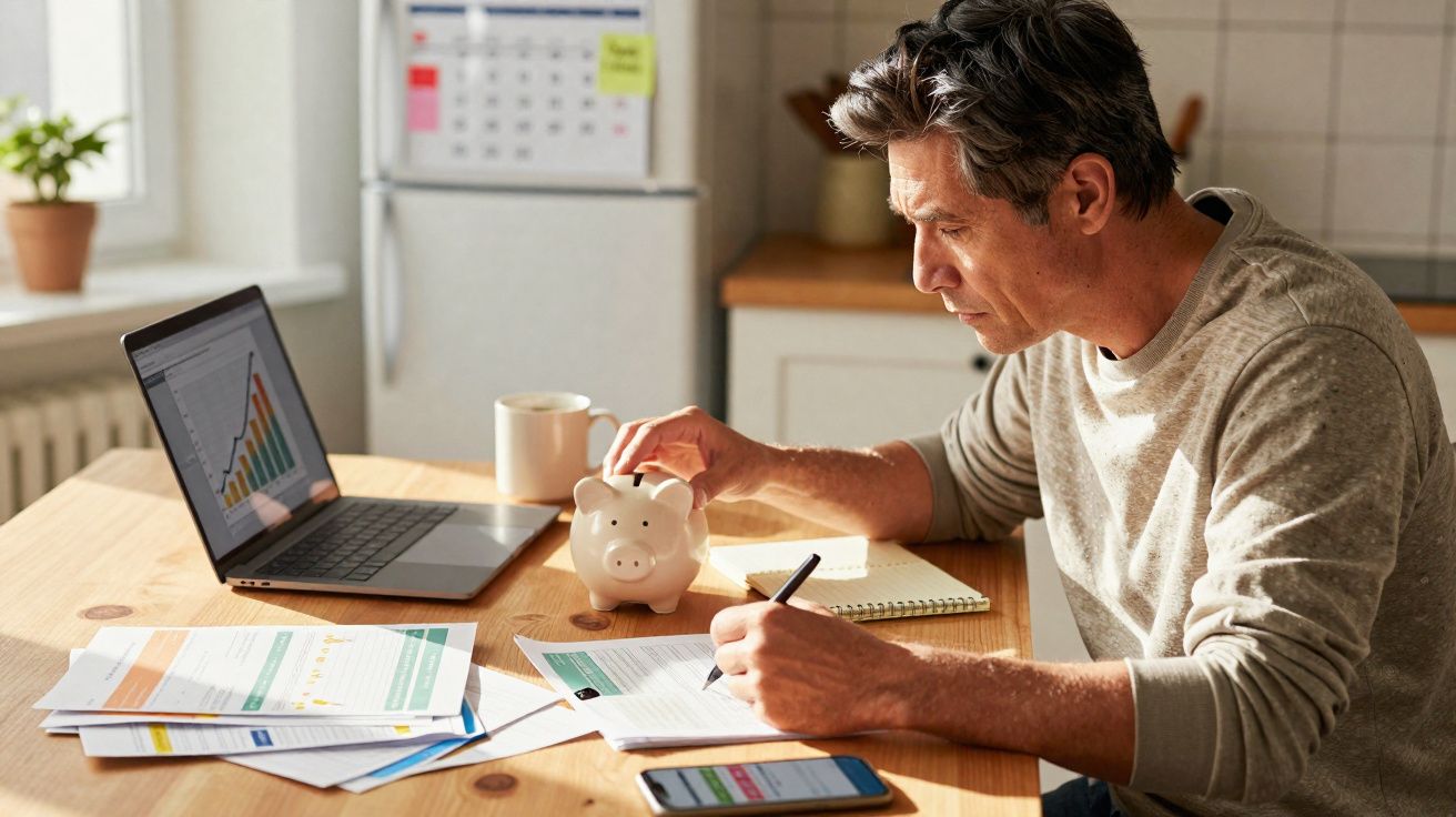Homem sentado à mesa com cofrinho, anotando finanças com laptop, documentos e celular espalhados.