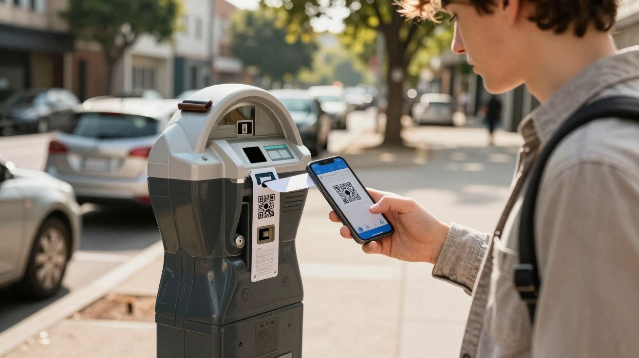 Pessoa usando smartphone para pagar estacionamento em parquímetro na rua ensolarada.