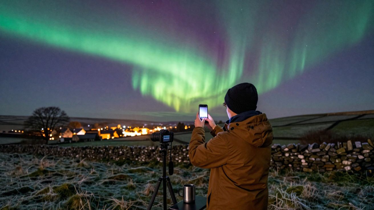 Pessoa fotografando a aurora boreal com celular em campo aberto durante a noite.