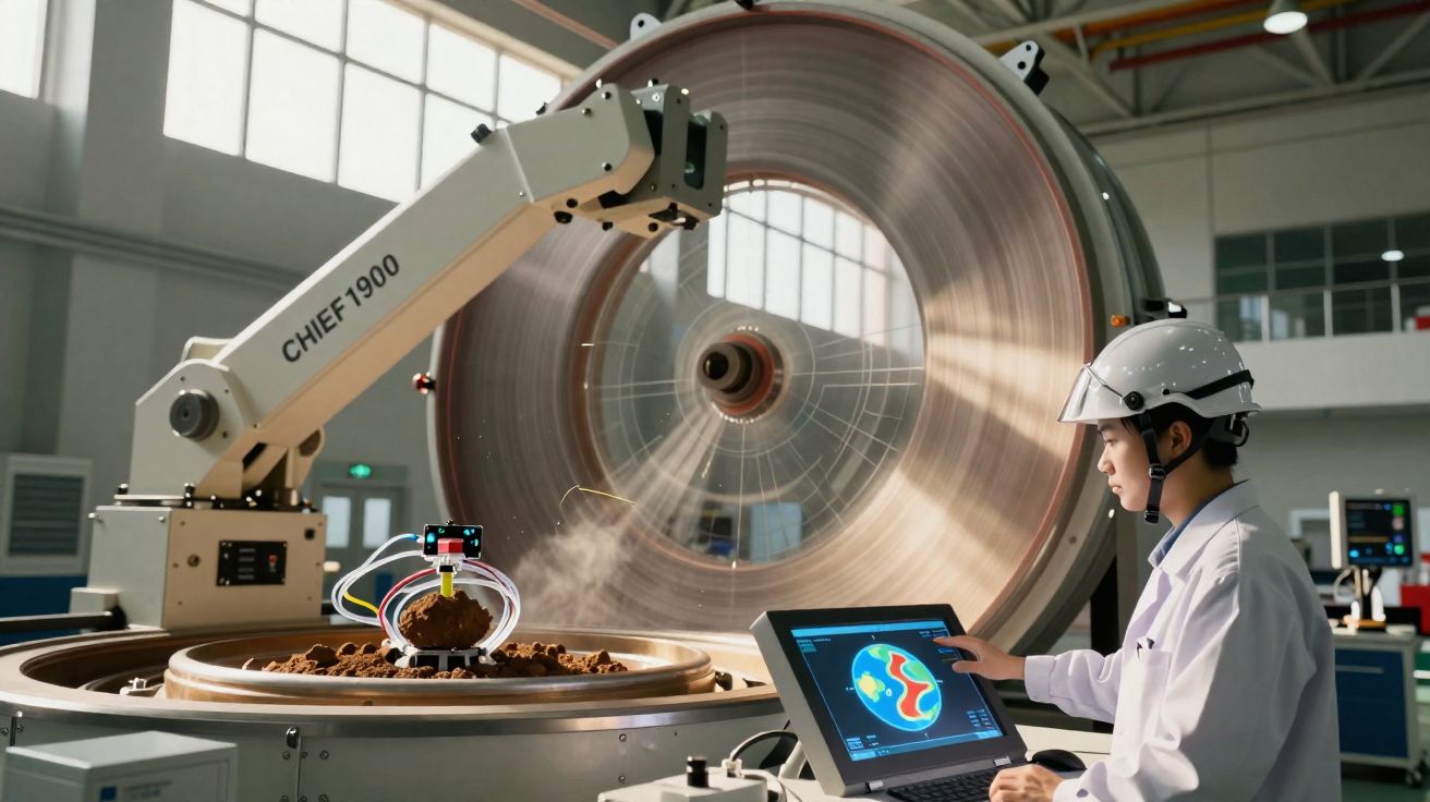 Cientista em laboratório controlando equipamento robótico que analisa amostra dentro de máquina industrial avançada.