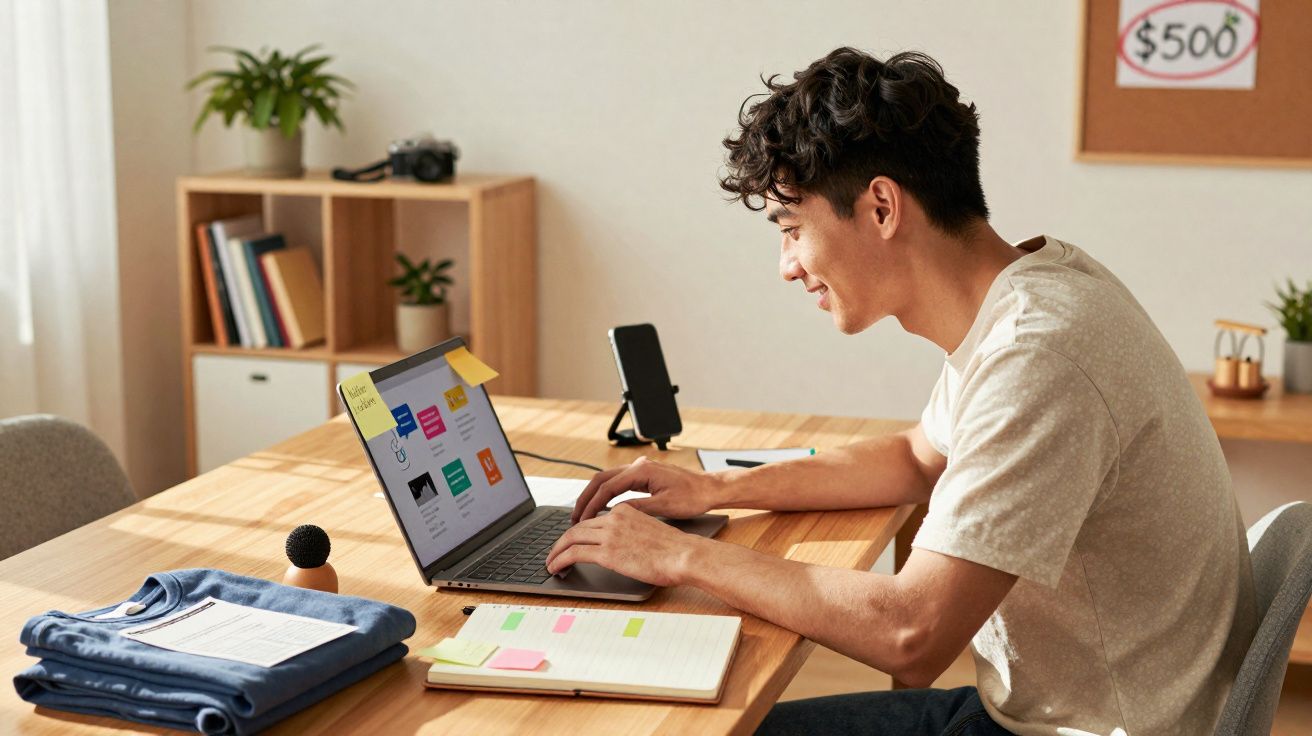 Jovem sorridente usando laptop em mesa de madeira com caderno, roupas dobradas e objetos ao redor.