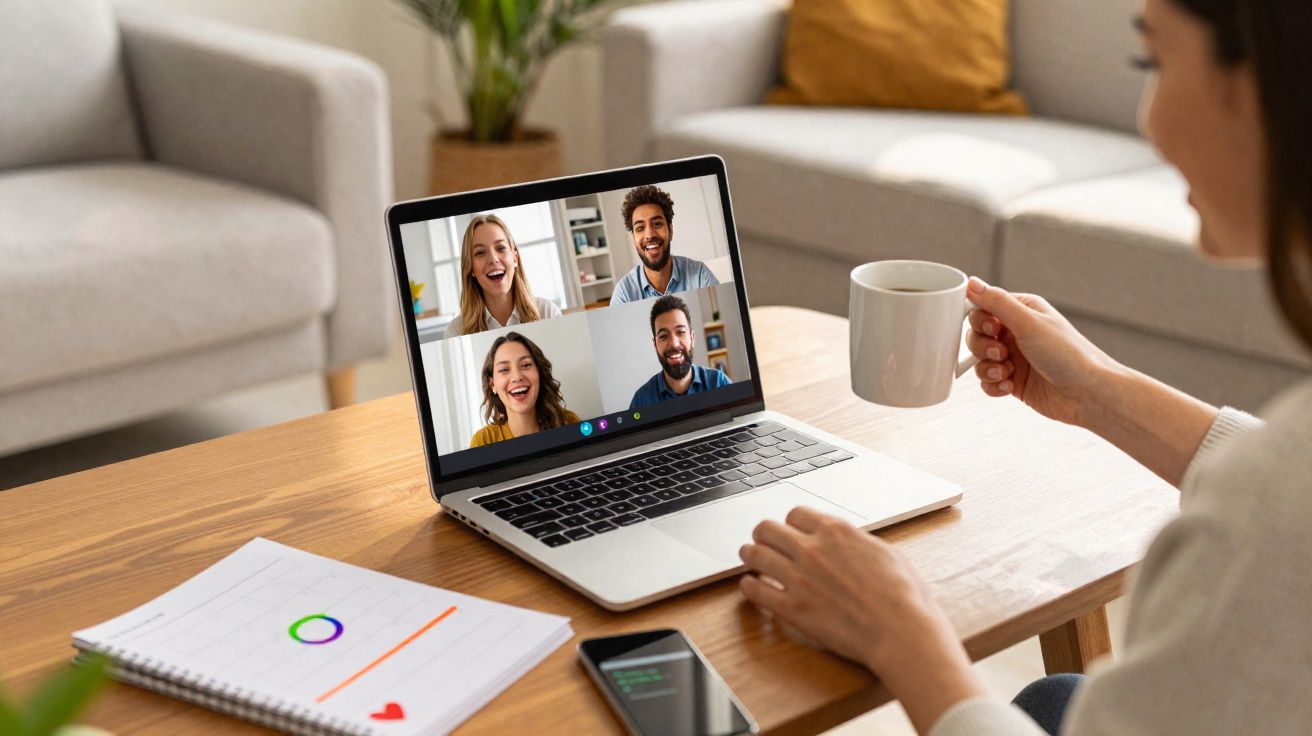 Pessoa segura xícara durante reunião online com quatro pessoas visíveis na tela do laptop em mesa com celular e caderno.