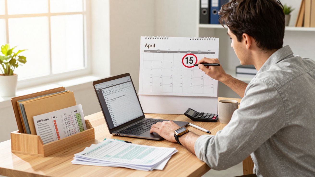 Homem sentado à mesa de trabalho marcando o dia 15 no calendário de abril.