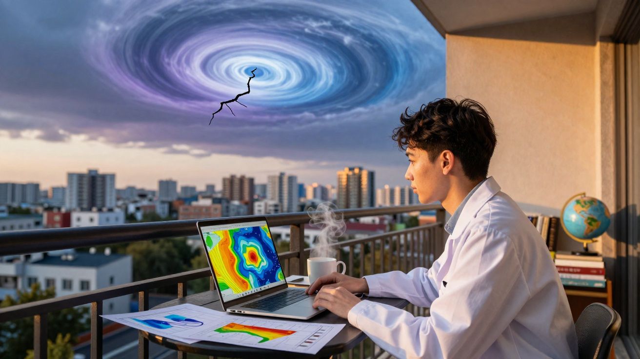 Jovem cientista olha para laptop com mapas climáticos enquanto vê redemoinho estranho no céu da cidade.