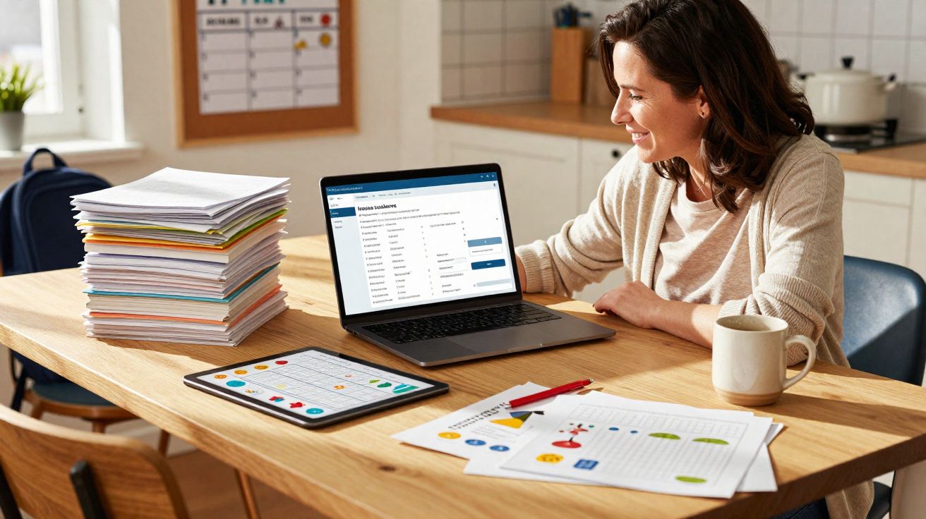 Mulher sorrindo trabalhando em laptop na mesa com muitos papéis, tablet e caneca.