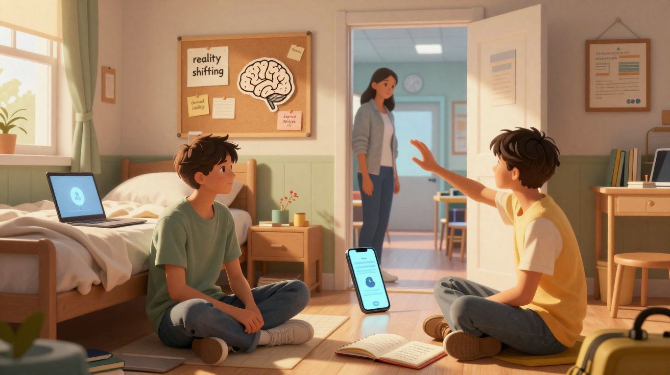 Dois meninos sentados no chão de um quarto, conversando, enquanto uma mulher os observa na porta aberta.