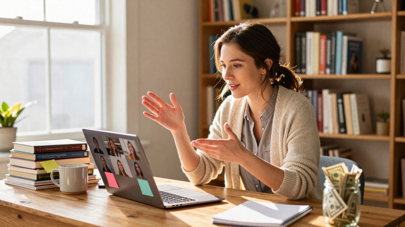 Mulher fazendo videoconferência em casa, sentada em mesa com livros, caderno e jarro com dinheiro.
