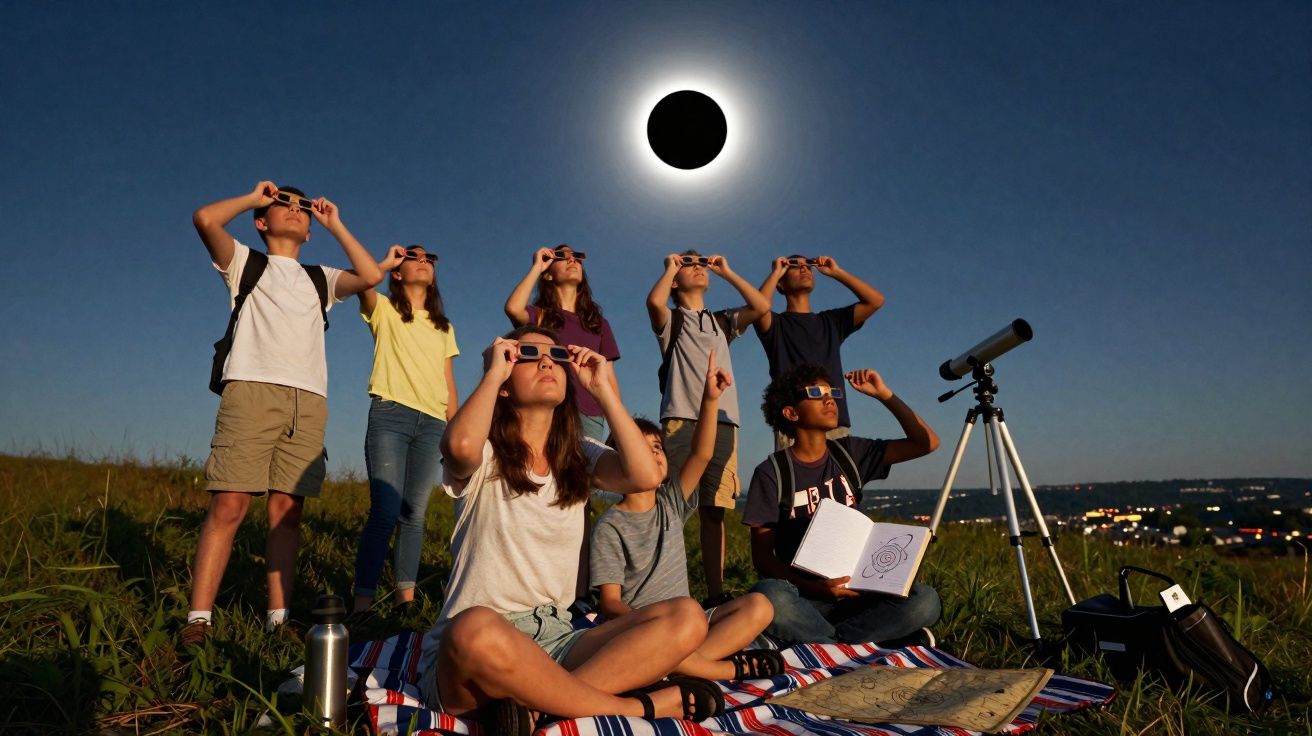 Grupo de jovens observando eclipse solar com óculos especiais em campo aberto durante o dia.
