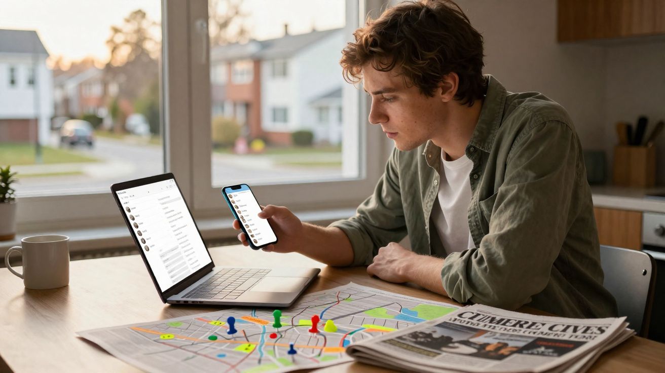 Jovem sentado à mesa, olhando para celular com laptop aberto e mapa com marcadores coloridos à sua frente.