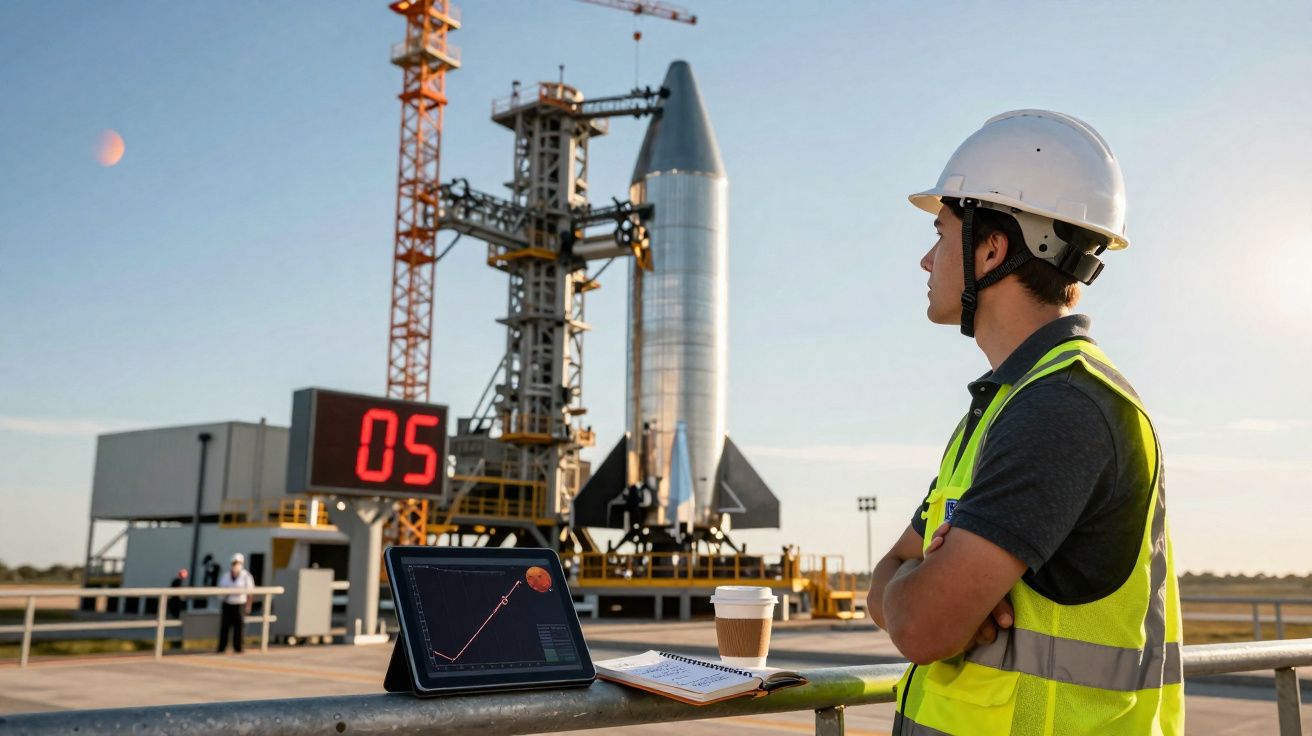 Engenheiro observando foguete em plataforma de lançamento, com tablet e copo de café à frente.