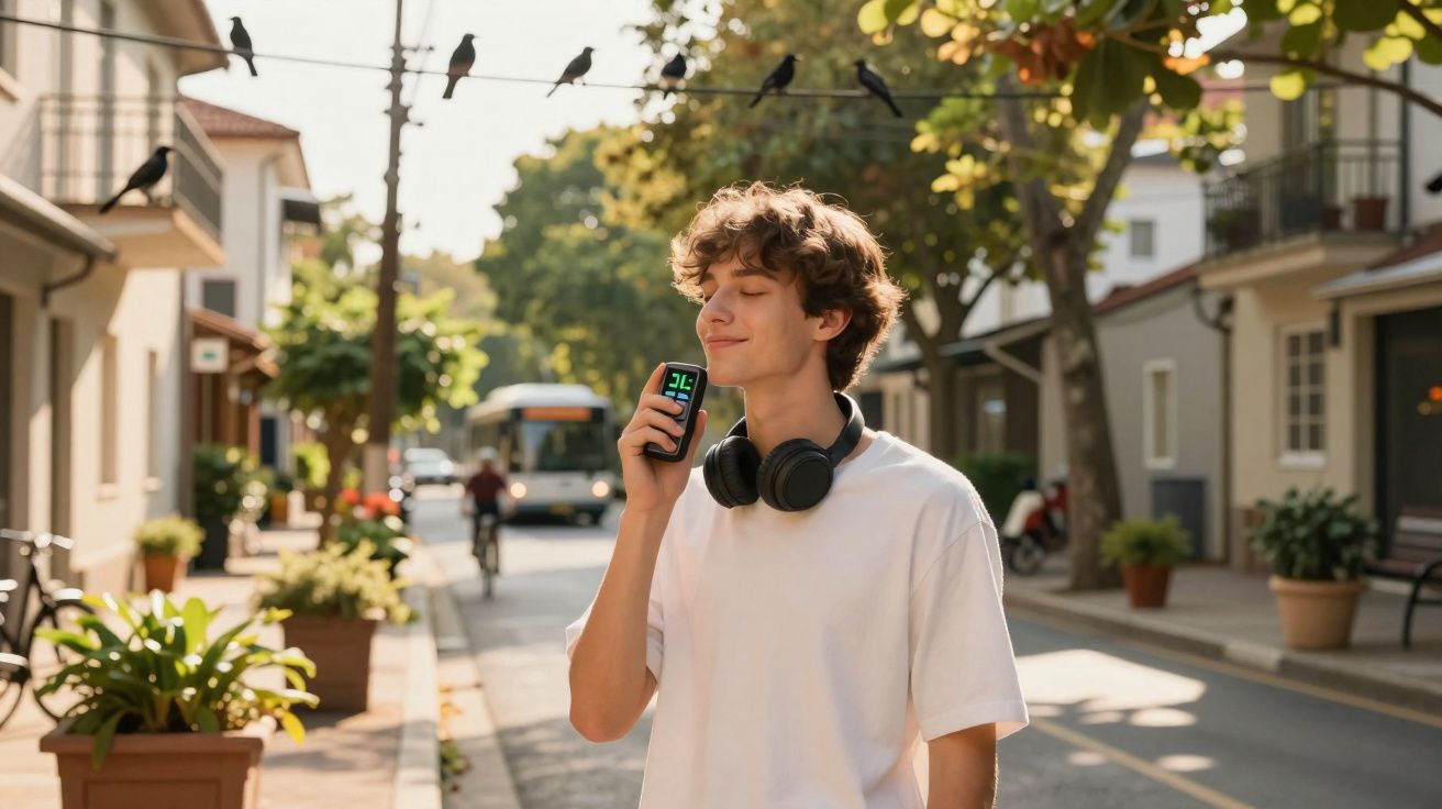 Jovem sorrindo segura medidor de CO2 em rua ensolarada com pássaros e vegetação ao redor.