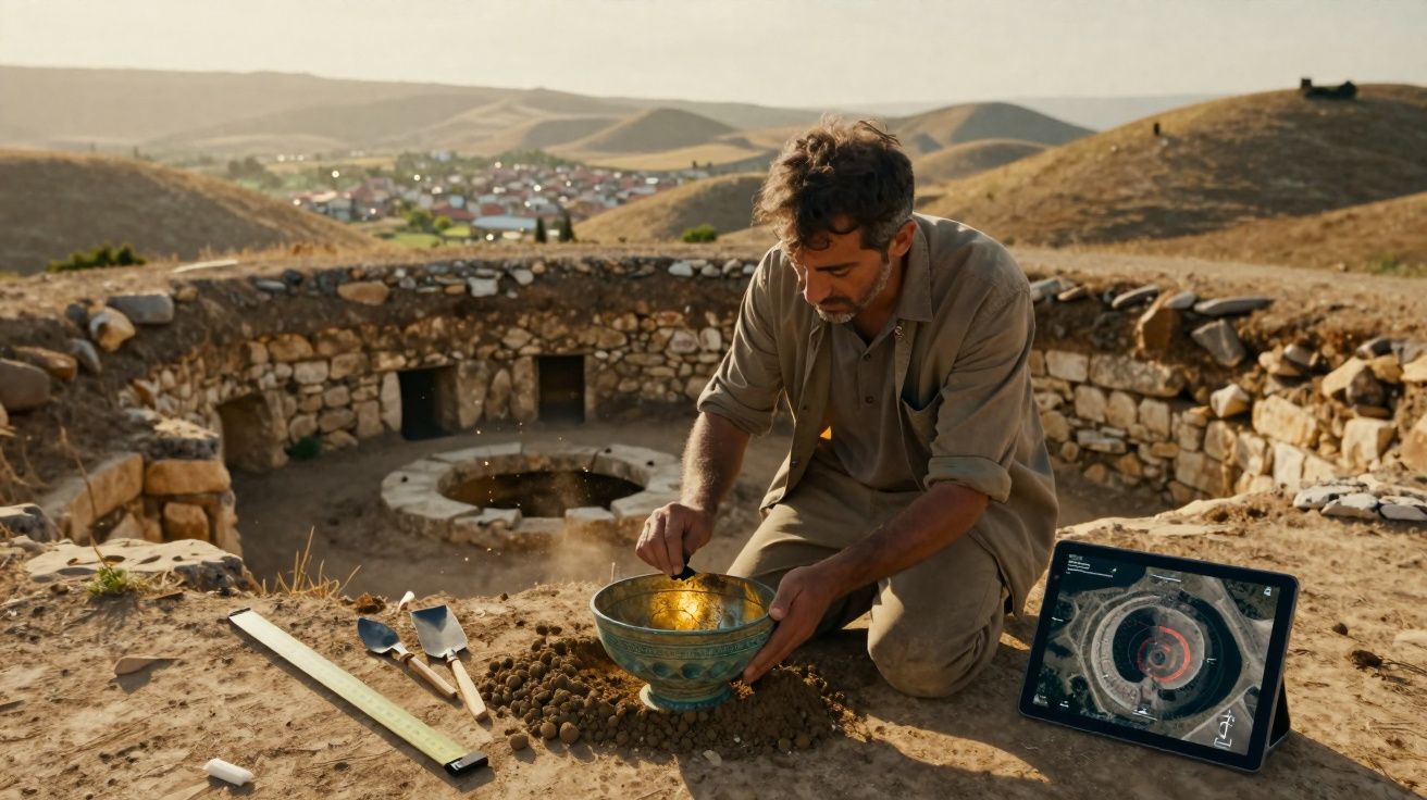 Arqueólogo examinando cerâmica antiga em escavação arqueológica ao ar livre com tablet ao lado.