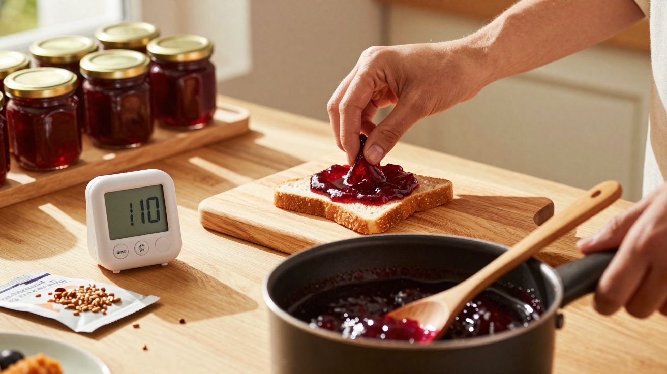 Pessoa passando geleia vermelha em fatia de pão com panelas e potes de geleia ao fundo em cozinha iluminada.