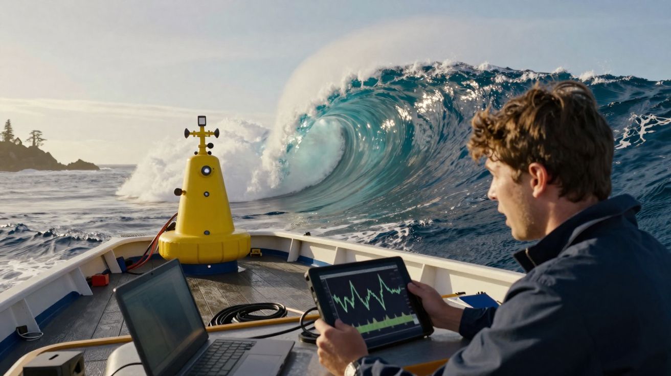 Homem em barco com tablet e laptop monitora dados enquanto onda enorme se forma no mar à frente.