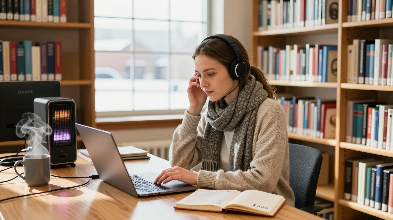 Mulher usando fones de ouvido estudando em laptop na biblioteca com livros e aquecedor ao lado.