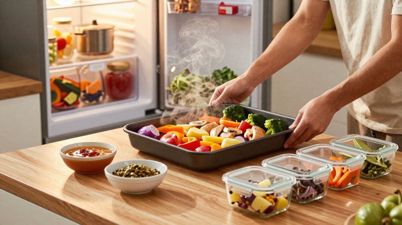 Pessoa preparando legumes frescos em assadeira na cozinha, com geladeira aberta ao fundo.
