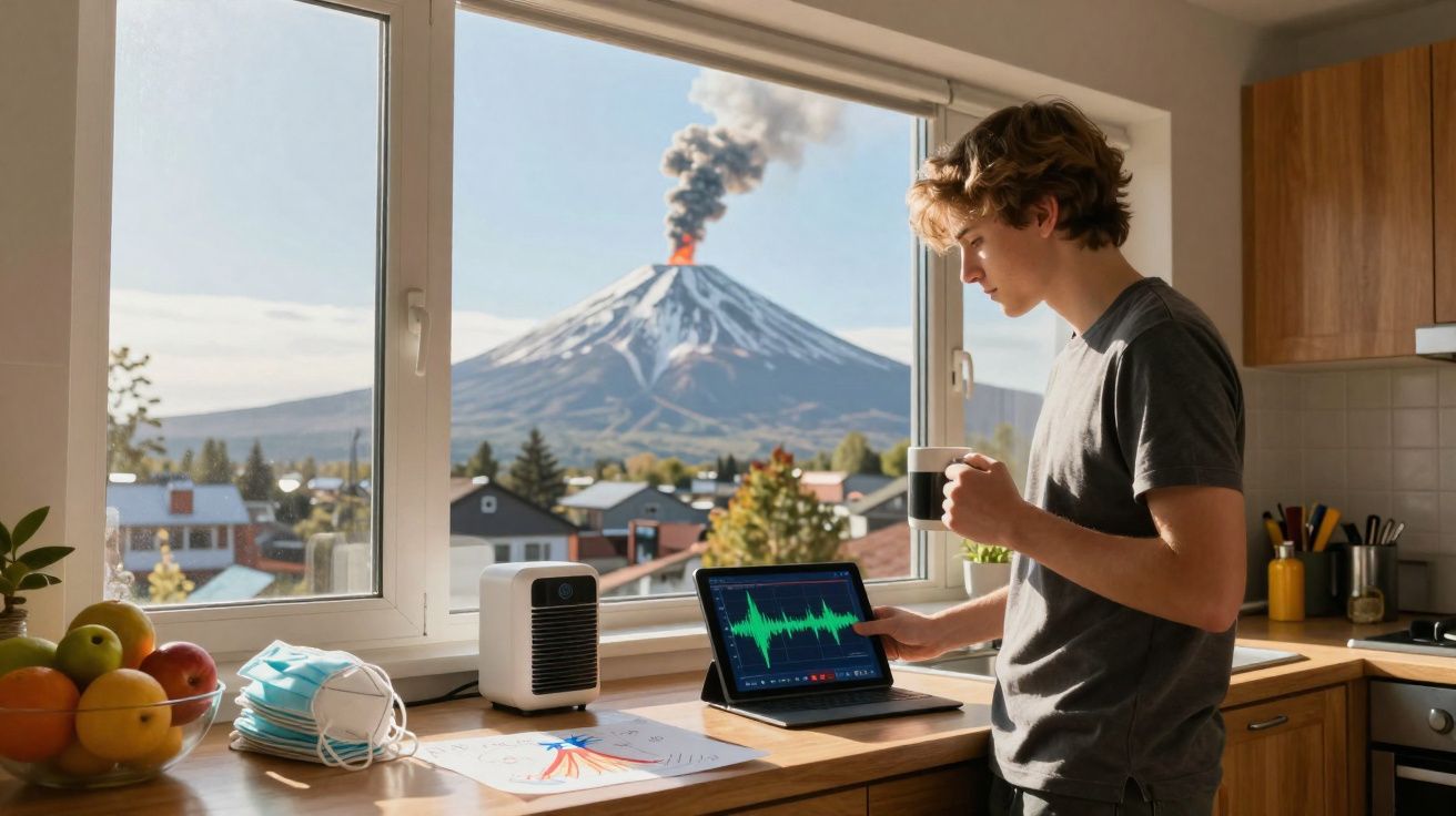 Jovem com café observa gráfico em tablet enquanto vulcão entra em erupção visível pela janela da cozinha.