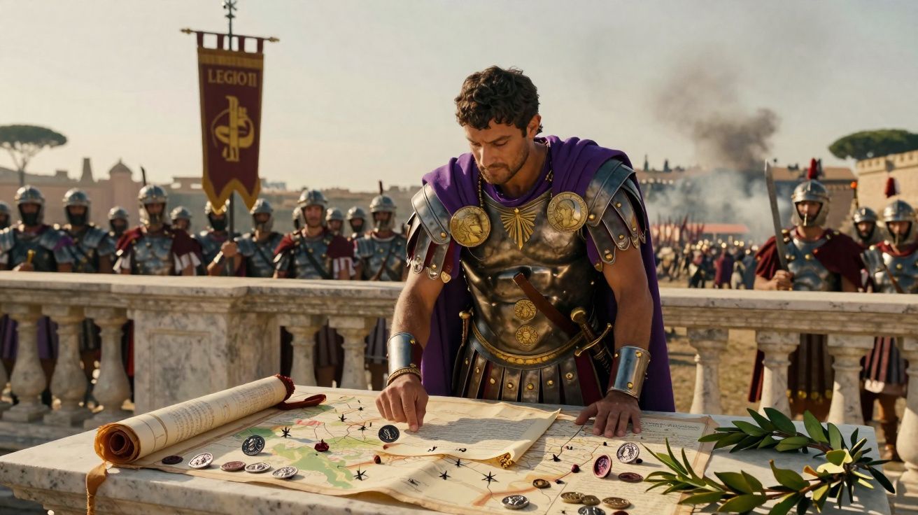Soldado romano de armadura e capa roxa estudando mapas e pergaminhos em mesa com legionários ao fundo.
