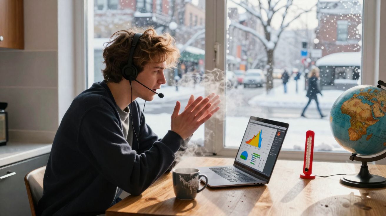 Homem com fone e microfone em videoconferência, tentando se aquecer com as mãos perto da boca em dia frio.
