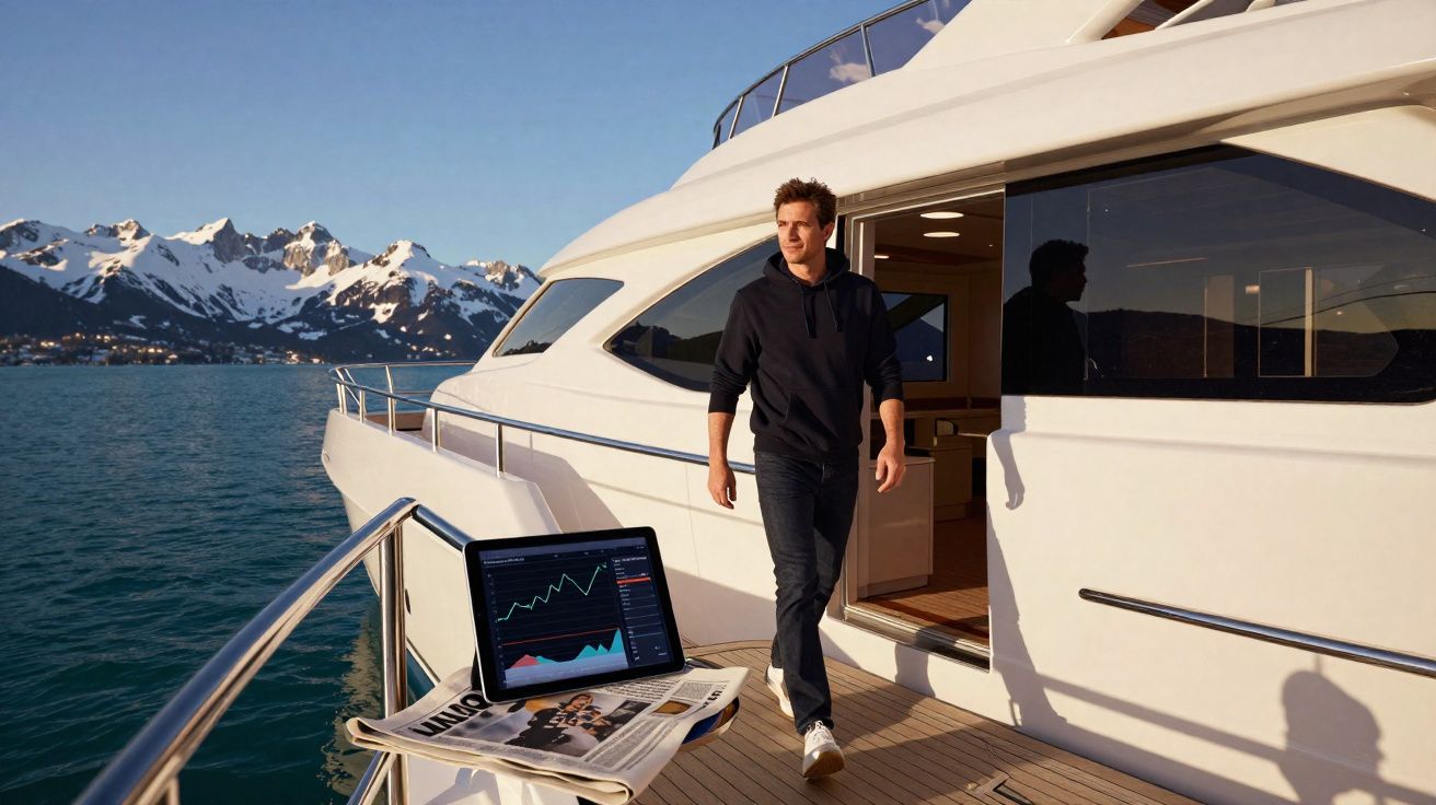 Homem caminha no deck de iate com notebook e jornal, montanhas nevadas ao fundo e céu claro.