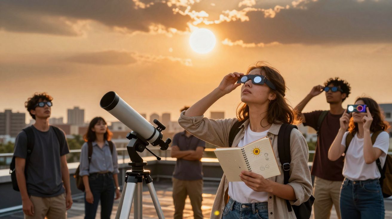 Grupo de pessoas observando o sol com óculos especiais e telescópio ao pôr do sol na cidade.