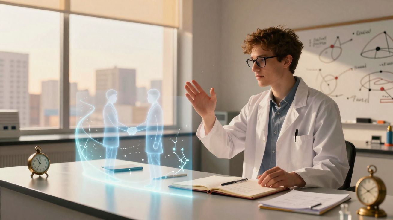 Cientista em laboratório interagindo com holograma de duas pessoas dando as mãos.