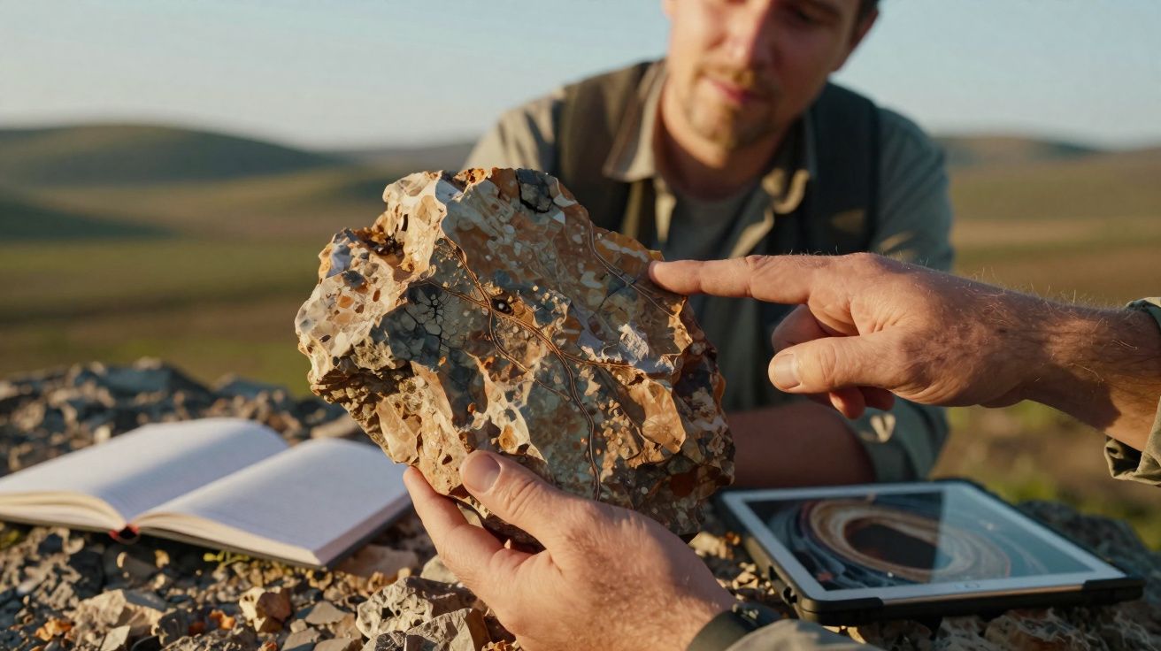 Pessoa segurando e analisando uma rocha durante estudo ao ar livre, com tablet e livro sobre a mesa de pedra.
