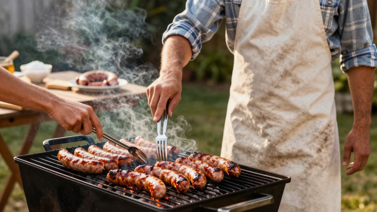Pessoas assando salsichas em churrasqueira ao ar livre com fumaça e utensílios na mão.